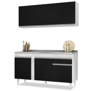 Armário Aéreo Argélia E Balcão Gabinete Com Pia Inox 150cm Dakota Branco/preto - Lumil