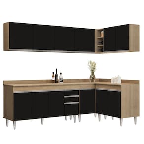 Armário De Cozinha Modulado De Canto 6 Peças Cp32 Balcão Com Tampo Castanho-preto - Lumil