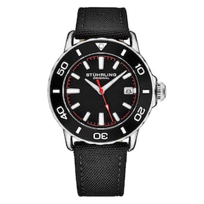 Relgio Stuhrling Explorer 4041 com moldura preta, coroa prateada e pulseira preta de