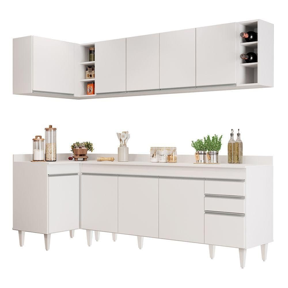 Armário De Cozinha Modulado De Canto Direito 5 Peças Cp44 Balcão Com Tampo Branco - Lumil