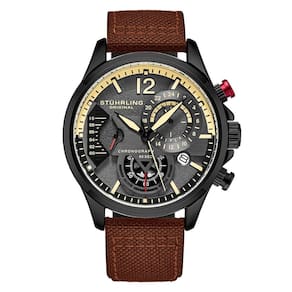 Relgio Stuhrling Cordura 4029 Aviador 45mm, Mostrador Cinza e Preto, Pulseira de Couro Marrom e Fivela Tang Preta