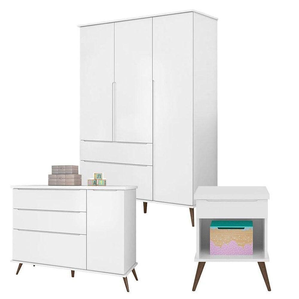 Cômoda E Guarda Roupa Com Mesa De Apoio Alice Branco Acetinado - Phoenix Baby