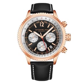 Relgio crongrafo Stuhrling Monaco 4015 com pulseira de couro preto e mostrador preto, rosa 44mm
