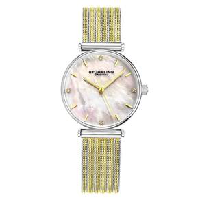 Relgio Stuhrling Cambria 3927, 32mm, mostrador prateado, pulseira em ao inox dourado e fivela dobrvel em prata - Clssico e elegante.