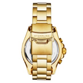 Relgio Stuhrling Brigadeiro 3966 com moldura azul, mostrador branco, ponteiros amarelos e pulseira em ouro amarelo - 42mm.