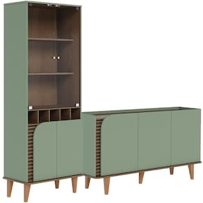 Kit Aparador Buffet Living Com Cristaleira Adega Julia C04 Hortelã Amêndoa - Lyam Decor