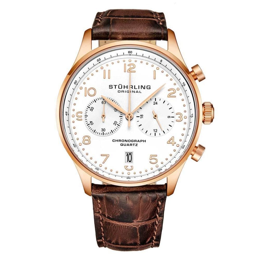 Relgio Crongrafo Stuhrling GR1Q 4012 de 42mm, Mostrador Branco com Detalhes em Rosa, Pulseira de Couro Marrom e Fivela Tang em Ouro Rosa.