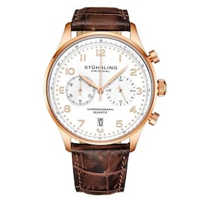 Relgio Crongrafo Stuhrling GR1Q 4012 de 42mm, Mostrador Branco com Detalhes em Rosa, Pulseira de Couro Marrom e Fivela Tang em Ouro Rosa.