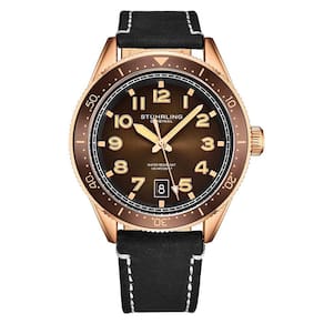Relgio Stuhrling 3989 com Mostrador Marrom de 42mm, Pulseira de Couro Preta e Fivela em Ouro Rosa