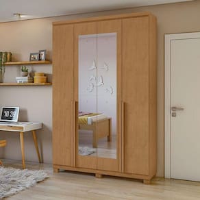 Guarda Roupa Solteiro Ambiente Alonzo 4 Portas Amêndoa Clean Com Espelho E Pés - Lopas