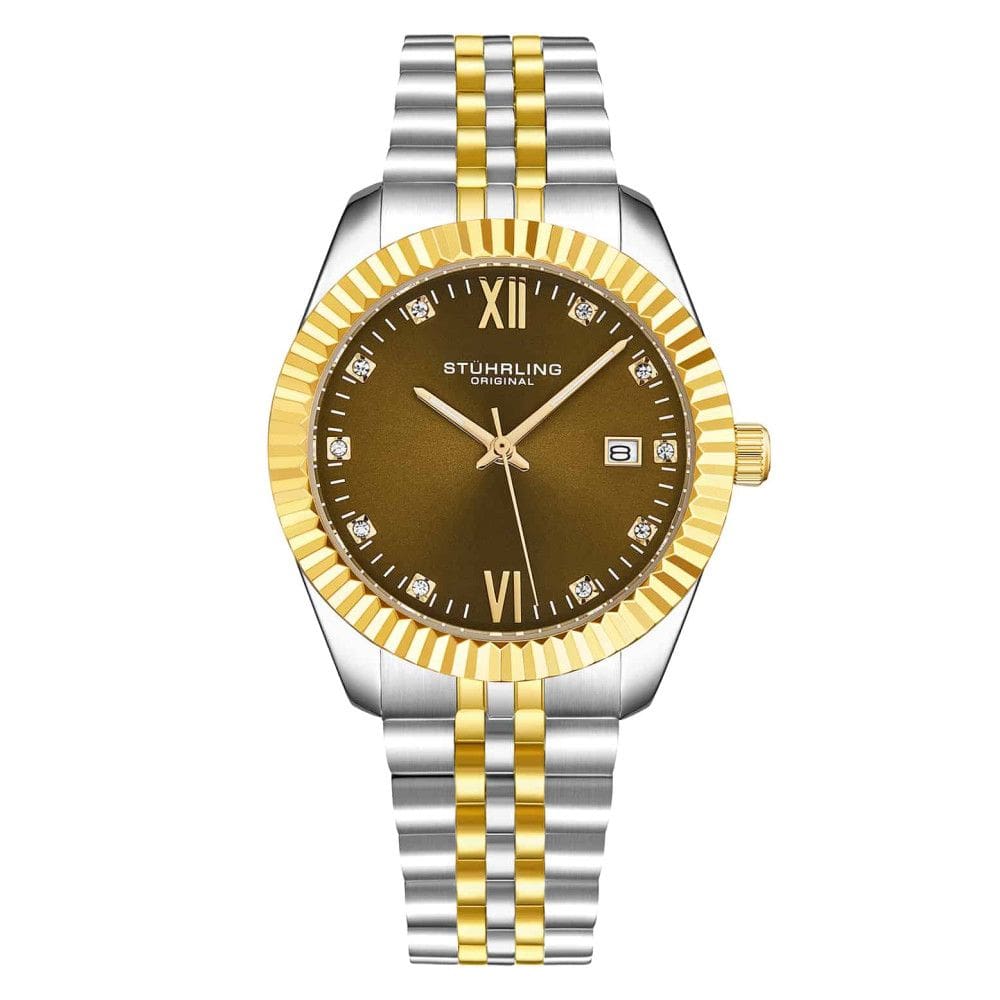 Relgio Gamine Classic 42mm 4024 com mostrador marrom e pulseira em dois tons amarelo, prateado da marca Stuhrling