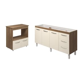 Balcão Cozinha Armário Gabinete De Pia 160 Cm Estela E Balcão Para Forno Elétrico E Microondas Amanda Savana Off White