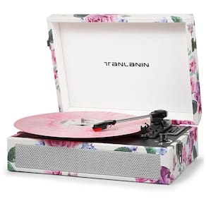 Toca Discos Vintage com 3 Velocidades, Alto Falantes Embutidos, Gravação USB e Entrada para Fone, TANLANIN, Branco Floral