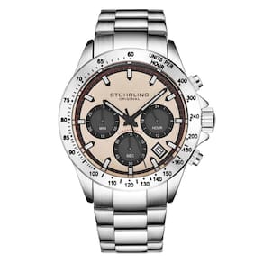 Relgio de pulso crongrafo ltima 3960 de 42mm, mostrador champanhe, pulseira de prata, Stuhrling