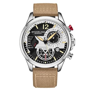 Relgio Stuhrling Cordura 4029 Aviador 45mm Mostrador Preto e Prata com Pulseira de Couro Bege e Fivela Tang de Prata