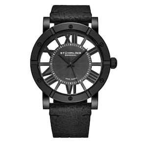 Relógio Stuhrling Winchester 881B com 42mm de diâmetro, mostrador preto e pulseira de couro preta