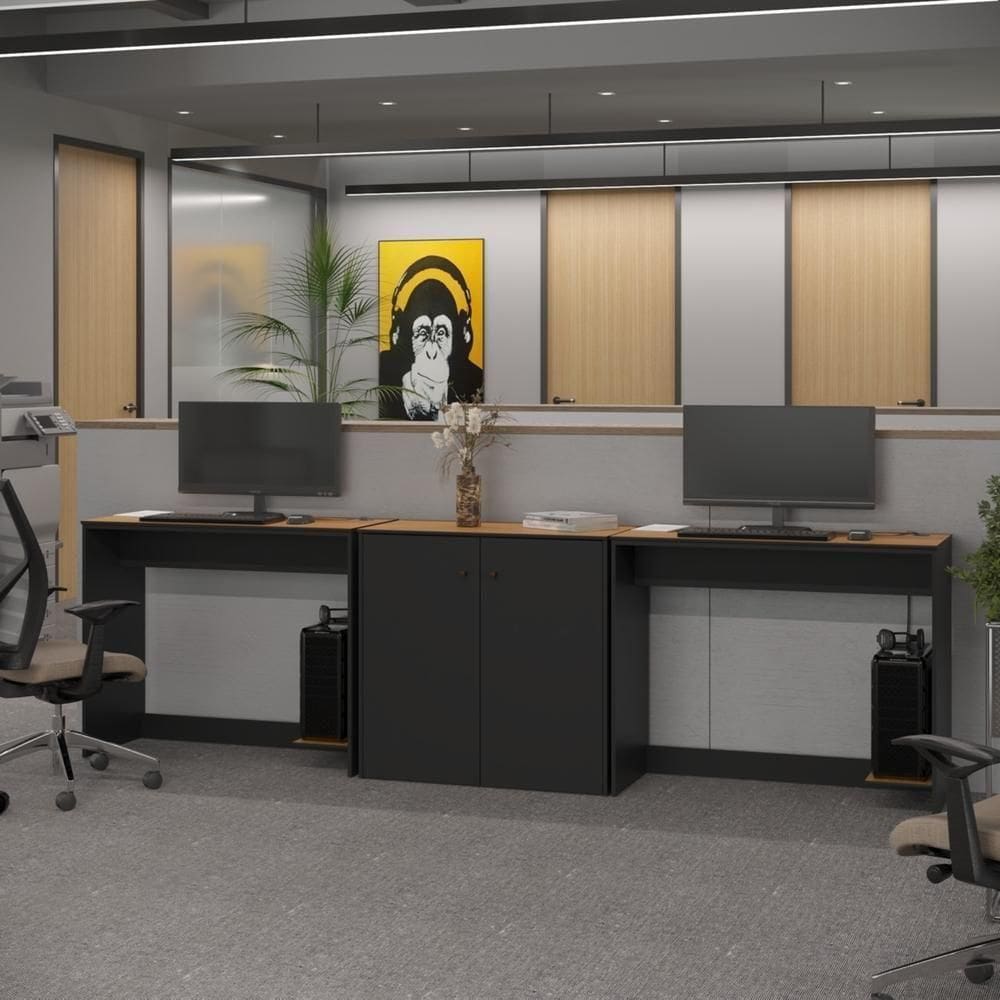 Conjunto De Escritório 3 Peças Smart Office 2 Mesas E 1 Aparador Buffet - Preto E Cedro Preto E Cedro