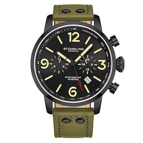 Relgio masculino Stuhrling 3956 com caixa de 45mm, mostrador preto e pulseira de couro preta