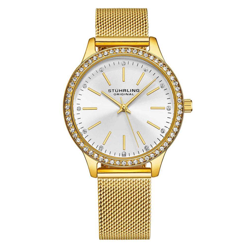 Relgio Eleganza 4044 35mm com mostrador prateado e pulseira em ouro amarelo da marca Stuhrling