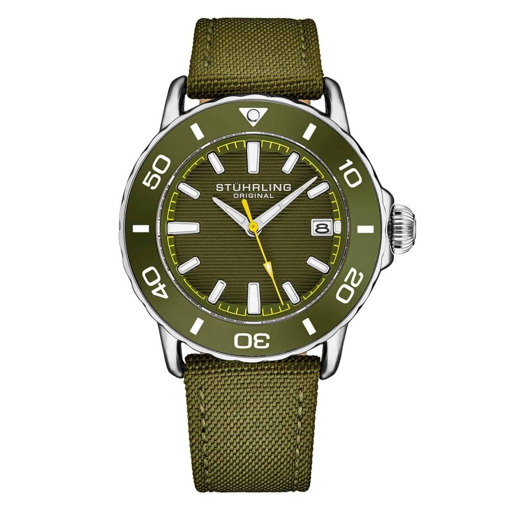 Relgio masculino Explorer 4041 40mm, moldura e pulseira verde oliva, coroa prateada, marca Stuhrling