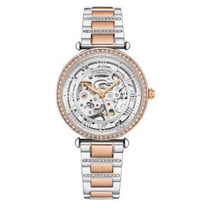 Relgio de pulso Luxe Legacy 4023 Automtico 38mm Skelton, prata e rosa, com pulseira de dois tons e moldura rosa, da Stuhrling