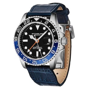 Relogio Meridian 3968L GMT 42mm com mostrador preto, pulseira de couro azul e fivela de implantacao Stuhrling