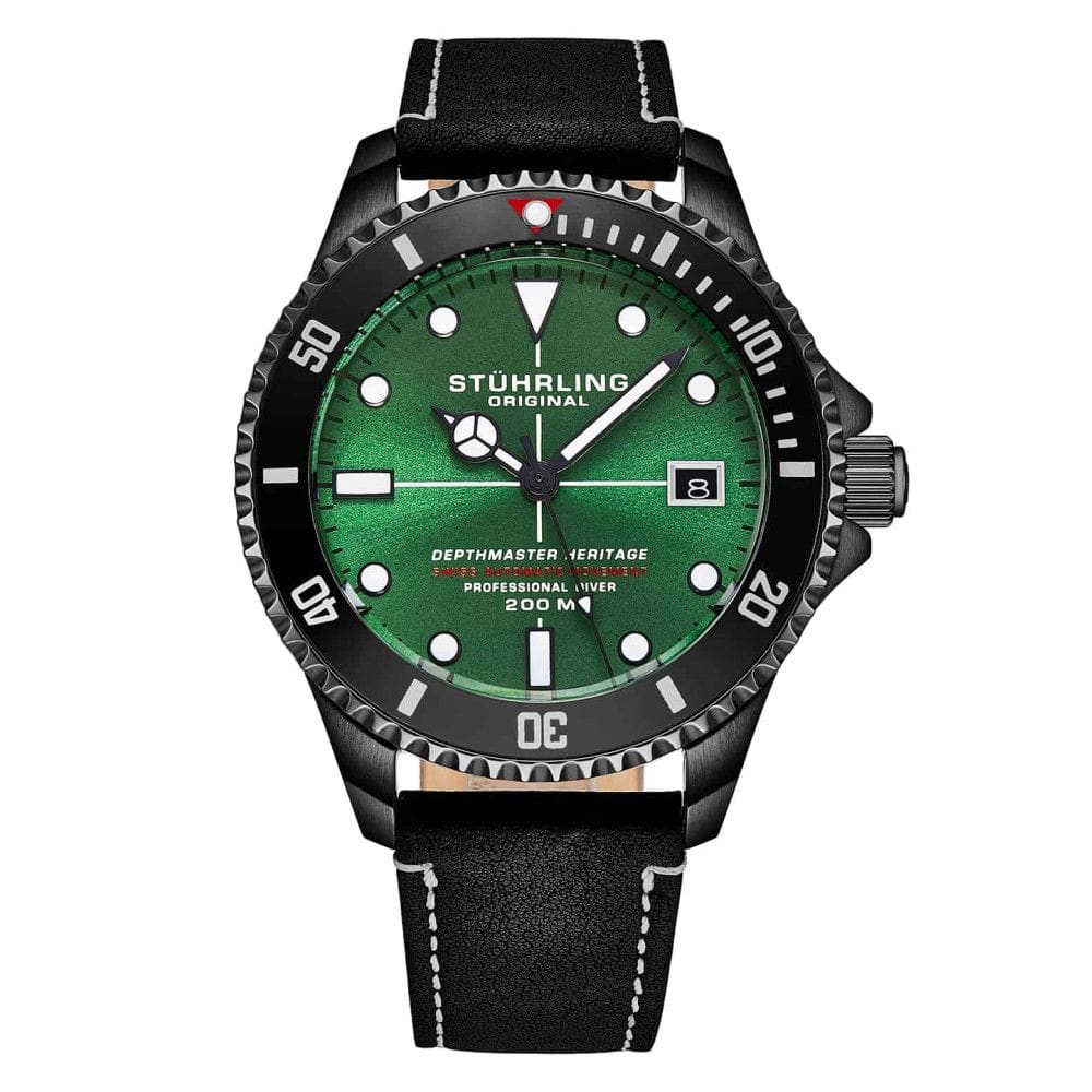 Relgio Swiss Automtico Depthmaster Heritage 883HB 42mm, Mostrador Verde e Preto, Pulseira de Couro Preta Stuhrling