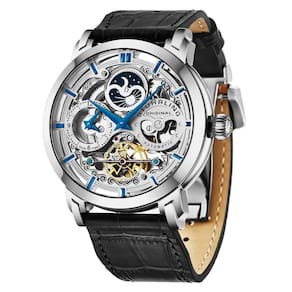 Relogio Automatico Anatol 371L, Mostrador Prateado 46mm, Pulseira de Couro Preto Fivela Tang Prata, Stuhrling.