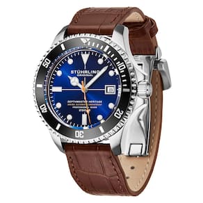 Relogio Swiss Automatico Depthmaster Heritage 883HL 42mm, Mostrador Azul e Prata, Pulseira de Couro Marrom, Fivela Implantavel Stuhrling