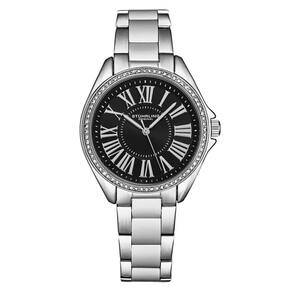 Relgio Stuhrling The Dynasty 4025 com moldura de cristal japons de 40mm e pulseira de prata - Mostrador preto elegante e sofisticado.