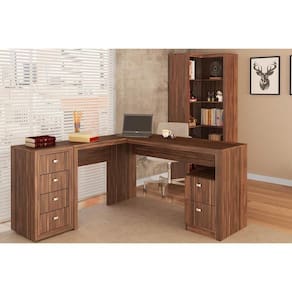 Escritório Completo 1 Mesa De Canto Para Escritório Me4129 + 1 Estante Me4132 + 1 Gaveteiro Me4133 3 Peças Nogal