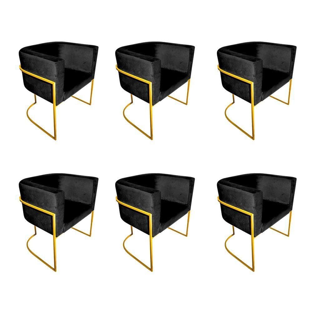 Kit 6 Poltronas Decorativa Sala De Estar Base De Ferro Dourada Veludo Preto