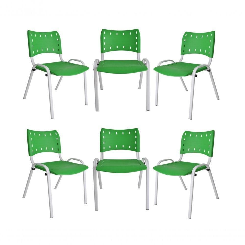 Kit 6 Cadeiras Iso Para Escola Escritório Comércio Verde Base Branca