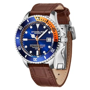 Relogio Swiss Automatico Depthmaster Heritage 883HL 42mm, Mostrador Azul e Prata, Pulseira de Couro Marrom e Fivela Stuhrling.