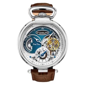 Relgio Automtico Modena Dual Time 4033, mostrador azul, rosa, pulseira de couro preto, fivela em ouro Stuhrling 46mm