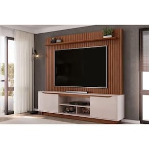 Home p/TV até 70 Polegadas Enzo Ripado c/ Prateleira e Nicho 200x188cm Freijó/Off White - DJ Móveis