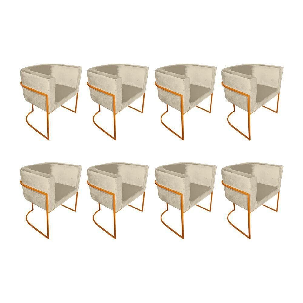 Kit 8 Poltronas Decorativa Sala De Estar Base De Ferro Cobre Veludo Bege