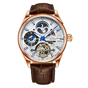Relgio Reserva Especial 3918 Automtico 43mm, Mostrador Prateado com Toques de Rosa e Pulseira de Couro Marrom com Fivela Tang em Camadas Stuhrling