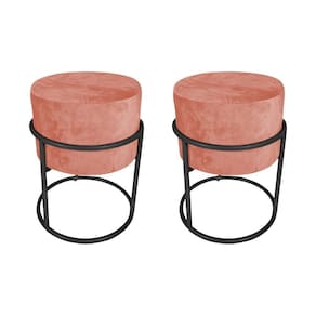 Kit 2 Puffs Decorativos Redondo Base De Ferro Preta Tecido Veludo Rosê Rosa