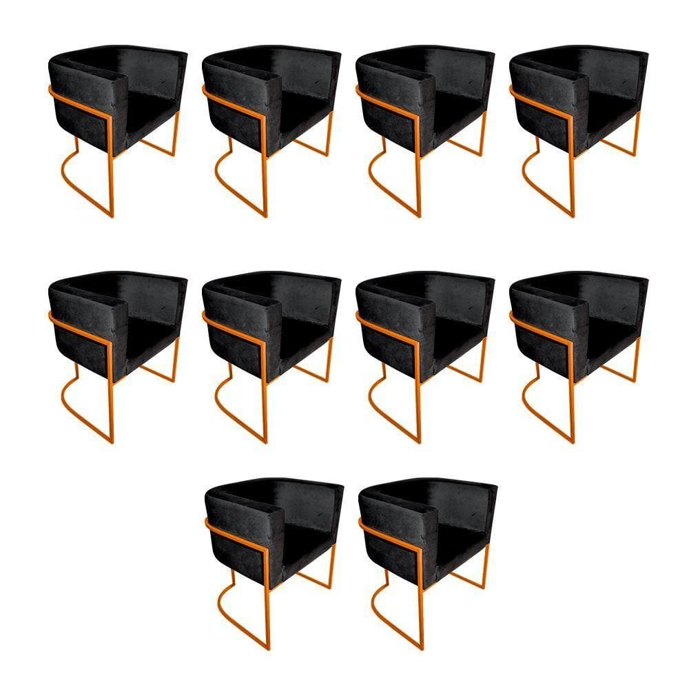 Kit 10 Poltronas Decorativa Sala De Estar Base De Ferro Cobre Veludo Preto