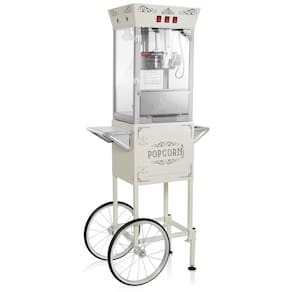 Máquina de Pipoca Estilo Cinema com Carrinho e Chaleira 0,28g Creme. Popper sobre rodas estilo vintage, ideal para festas e eventos.