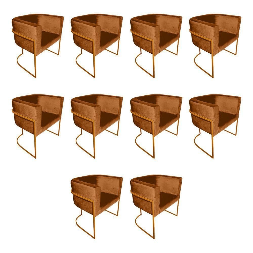 Kit 10 Poltronas Decorativa Sala De Estar Base De Ferro Cobre Veludo Terracota Laranja