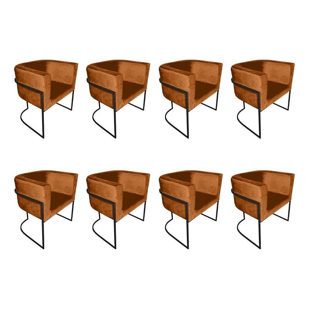 Kit 8 Poltronas Decorativa Sala De Estar Base De Ferro Preta Veludo Terracota Laranja