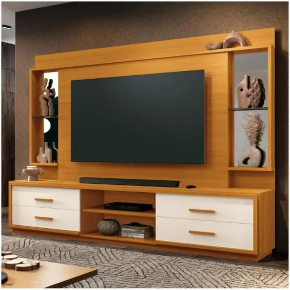 Estante Home Leni 2,40m Para Tvs De Até 75\" Off White/Cedro