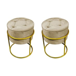 Kit 2 Puffs Decorativos Redondo Com Capitonê Base De Ferro Dourada Tecido Veludo Bege