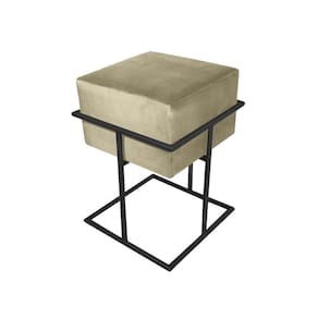Puff Decorativo Quadrado Base De Ferro Preta Tecido Veludo Bege