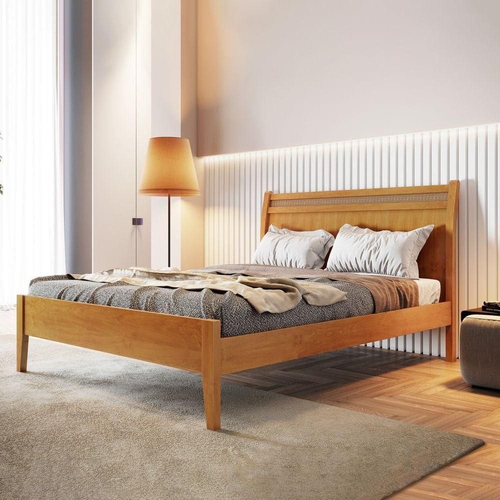 Cama Queen Com Ratam 160cm Esmeralda Amêndoa Mel Josandro Amêndoa Mel