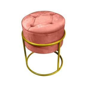 Puff Decorativo Redondo Com Capitonê Base De Ferro Dourada Tecido Veludo Rosê Rosa