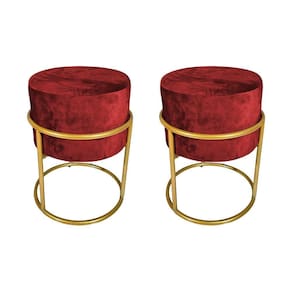 Kit 2 Puffs Decorativos Redondo Base De Ferro Dourada Tecido Veludo Marsala Vermelho