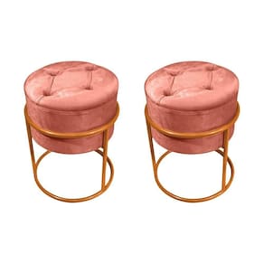 Kit 2 Puffs Decorativos Redondo Com Capitonê Base De Ferro Cobre Tecido Veludo Rosê Rosa
